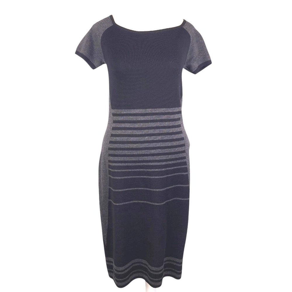 NWT $138 Max Studio Womens Black Gray Striped Knit Sweater Dress S Sheath Career